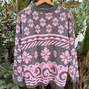 Vintage 80s 90s Brunny Floral Knit Sweater Pink Gray Women’s M USA
